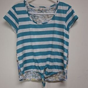 L8ter Turquoise and White Striped Tie Front  Top Floral Lace Back
